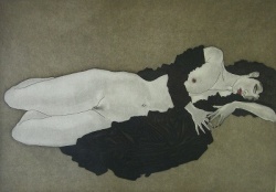 加山又造  横になる裸婦84(黒衣）1984年　